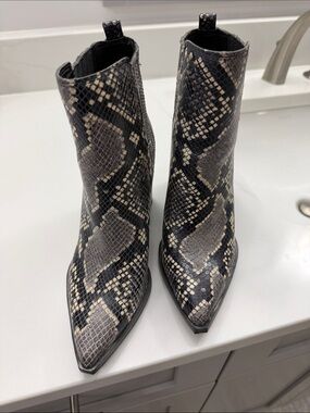 Marc Fisher Oshay Snake-Print Pointed Toe Ankle Boots - Black/Gray